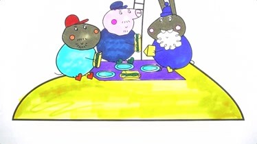 小猪佩奇 猪爷爷和好朋友在海上小岛野餐 简笔画
