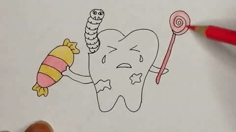 蛀牙系列1经常吃甜食,牙齿被蛀虫毁掉简笔画,保护牙齿经常刷牙