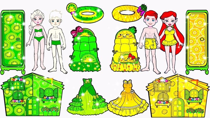 纸娃娃动画：爱丽儿公主和艾尔莎，在海边建造可爱的水果房屋！